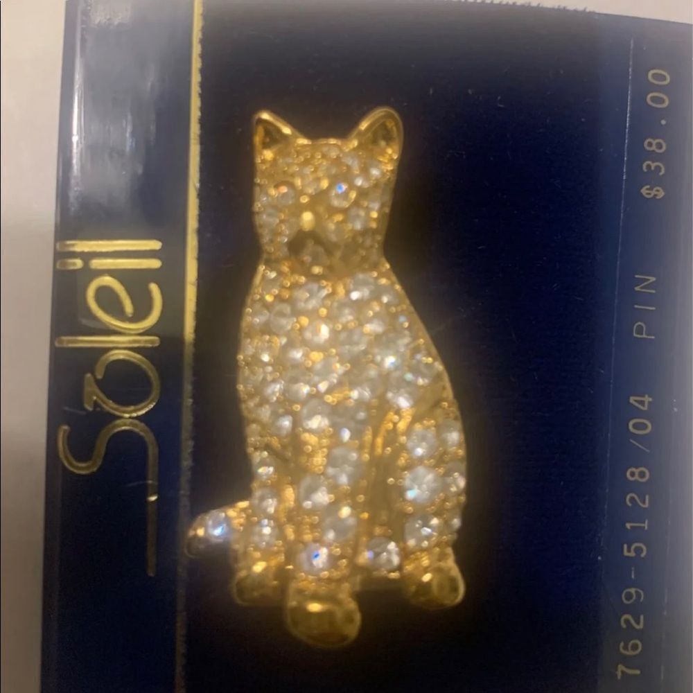 SOLEIL Vintage Cat MONET Gold Tone Rhinestone Crystals Brooch